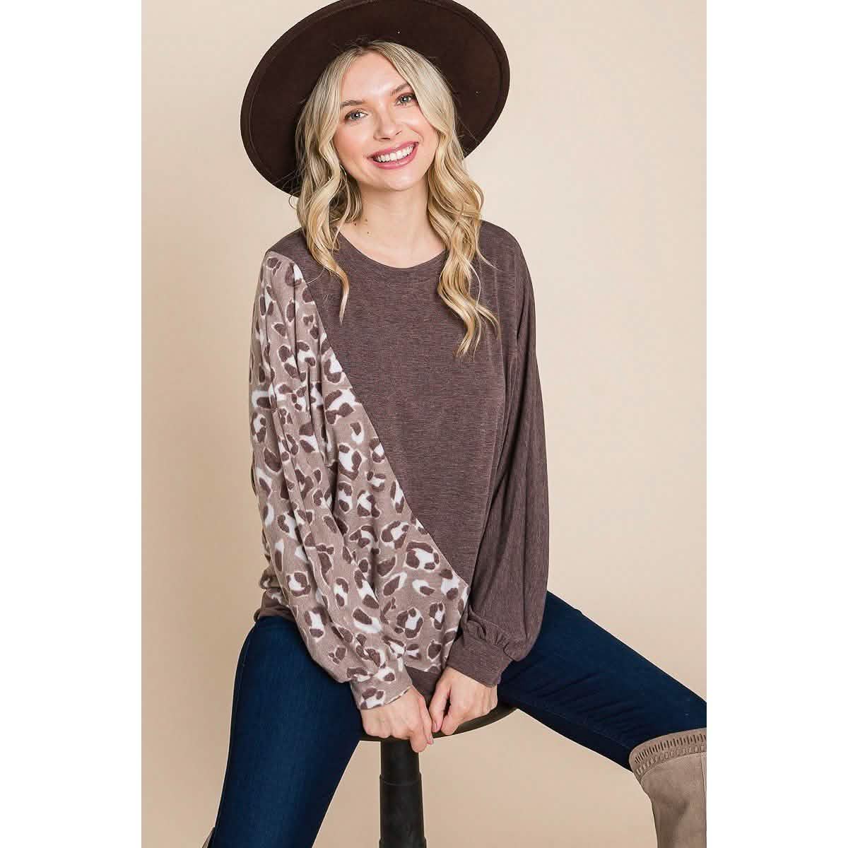 Cute Animal French Terry Brush Contrast Print Pullover with Cuff Detail Women's Tops - DailySale