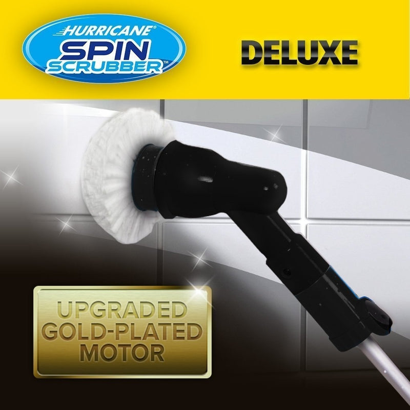Deluxe Hurricane Spin Scrubber shown in with banner that reads: Upgraded Gold-Plated Motor