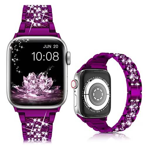 Diamond Rhinestone Stainless Steel Metal Wristband Strap Smart Watches Purple 38mm/40mm/41mm - DailySale