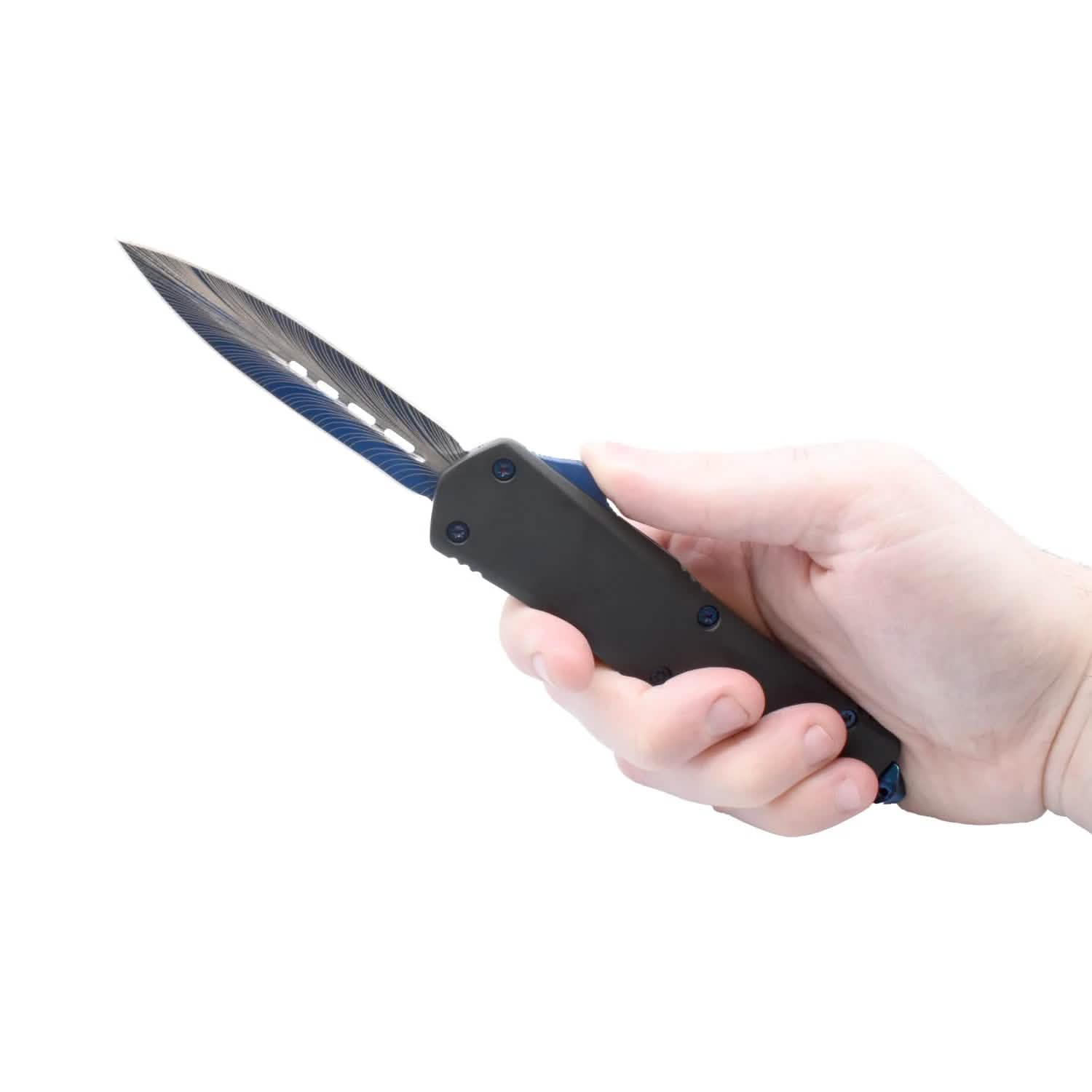 Double Edge Damascus Automatic OTF Knife with Belt Clip Tactical - DailySale