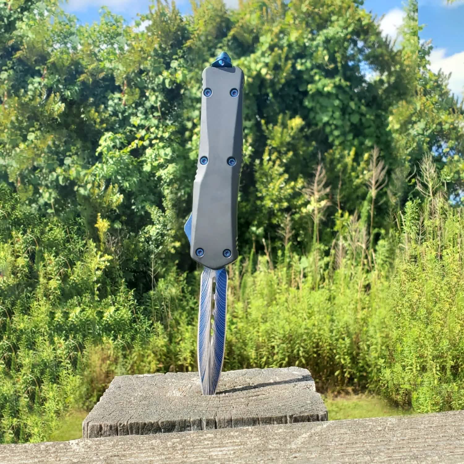 Double Edge Damascus Automatic OTF Knife with Belt Clip Tactical - DailySale