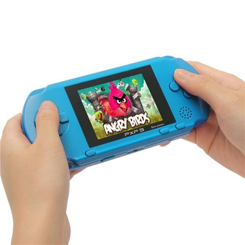 Closeup of two hands holding a PXP3 Portable Handheld Video Game System in light blue