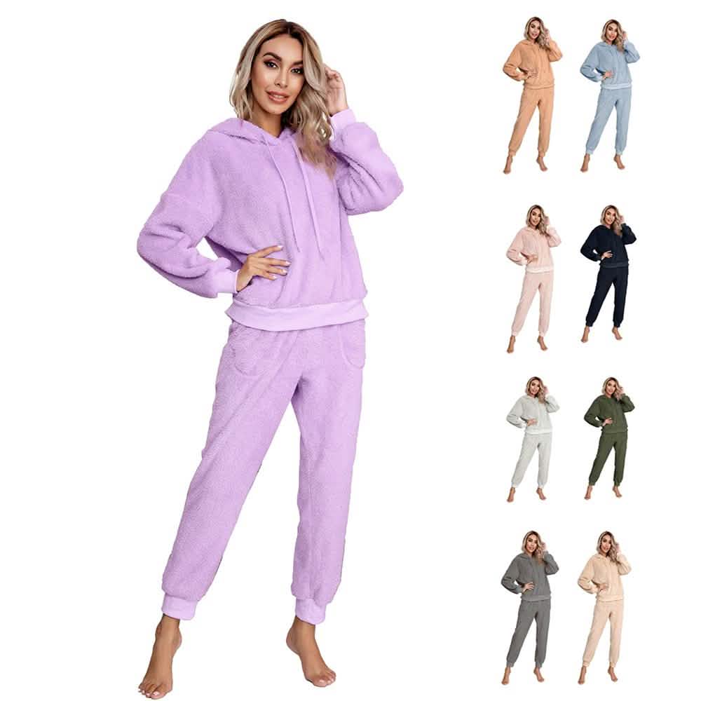 Drop Shoulder Drawstring Teddy Hoodie and Sweatpants Women's Clothing - DailySale