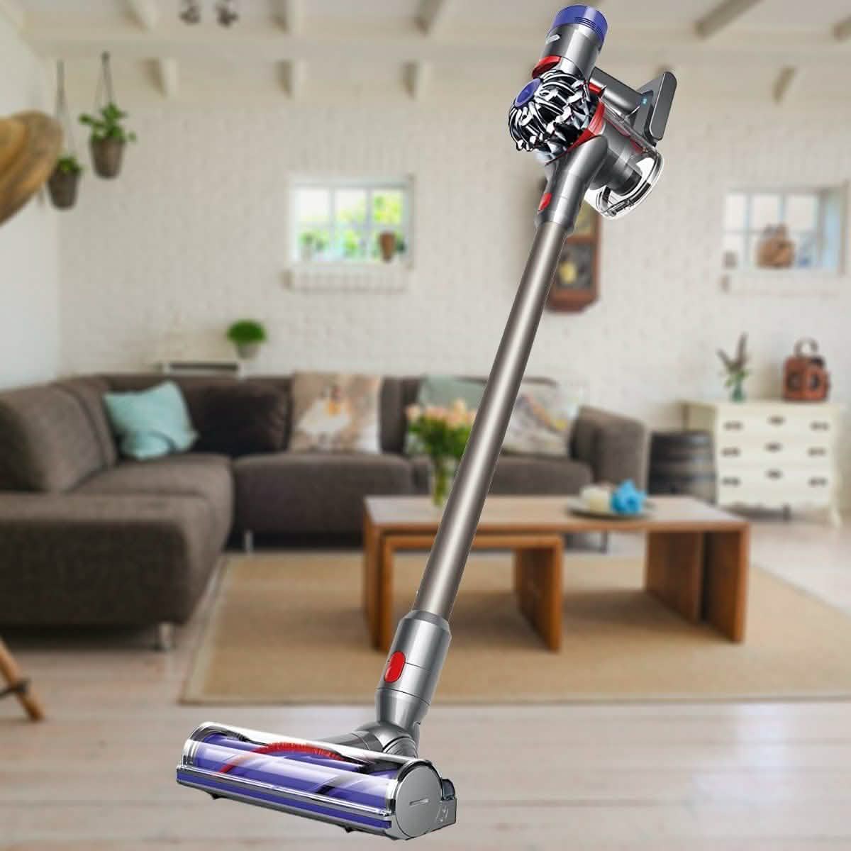Dyson V8 Cordless Stick Vacuum Cleaner (Refurbished) in a living room setting