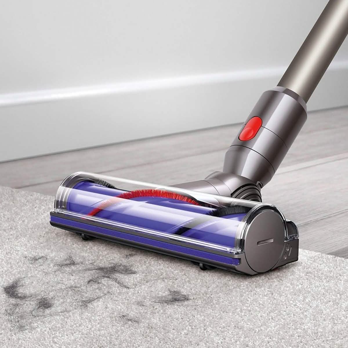 Dyson V8 Cordless Stick Vacuum Cleaner (Refurbished) vacuuming animal hair from a carpet