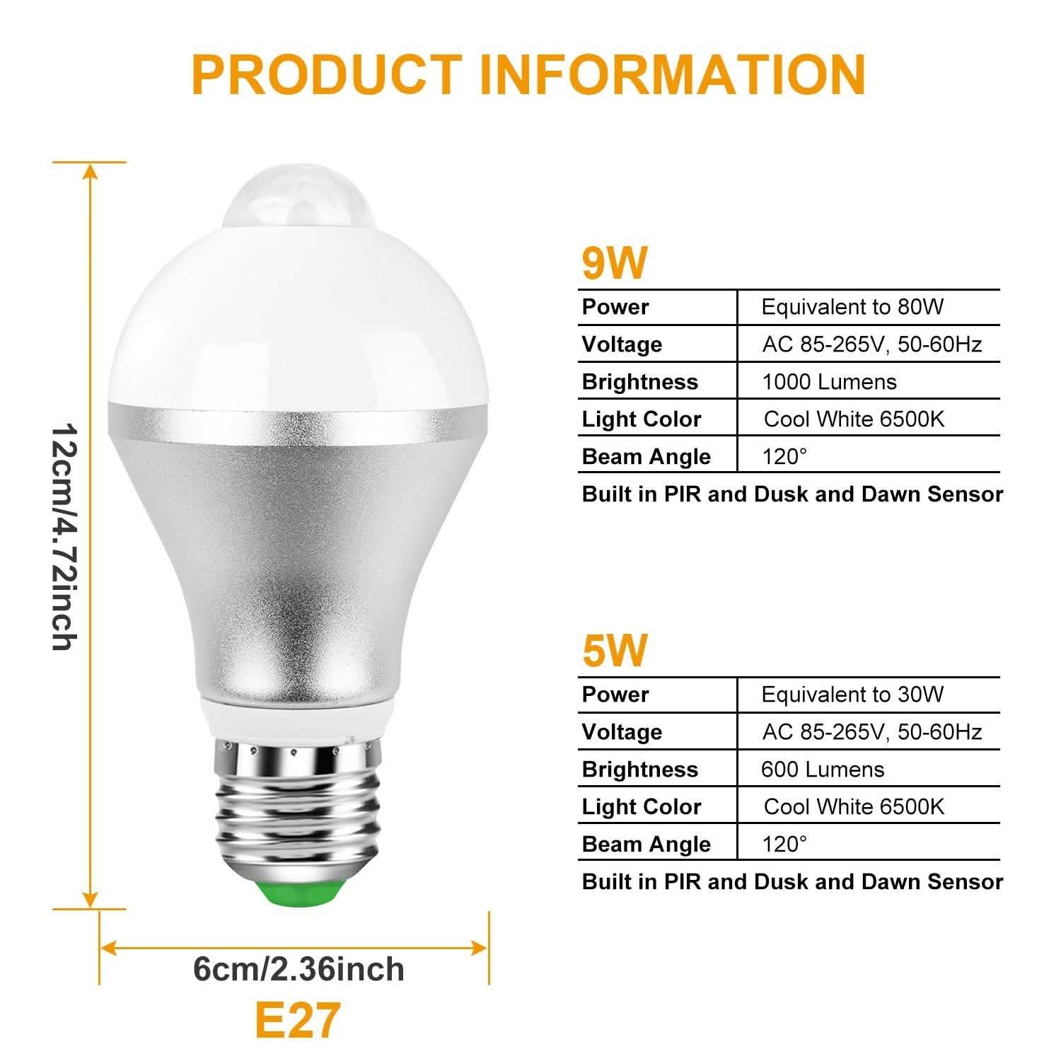 E27 Motion Sensor Light Bulb 1000LM 6500K Dust to Dawn Automatic Outdoor Lighting - DailySale