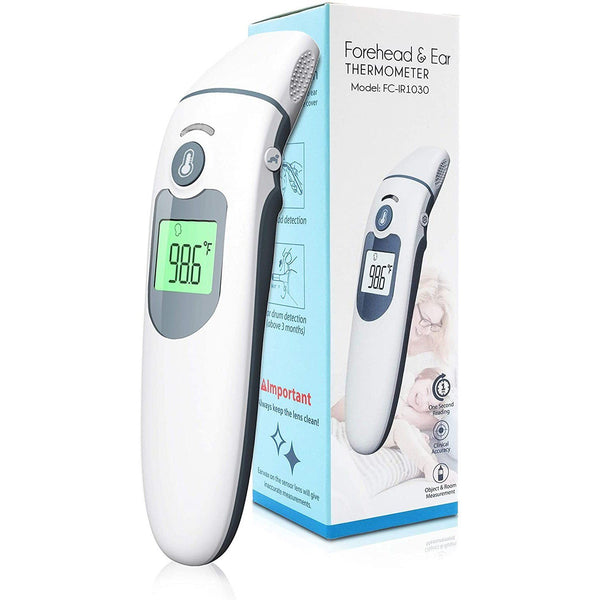 Ear Forehead Digital Infrared Thermometer placed next to its retail packaging, available at Dailysale