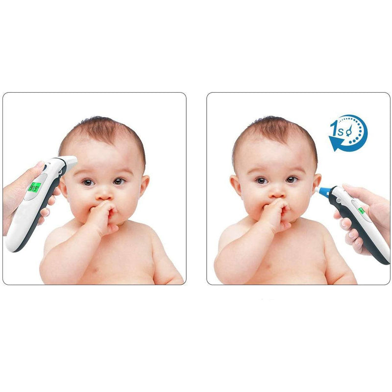 Demonstration of Ear Forehead Digital Infrared Thermometer taking a baby's ear and forehead temperature