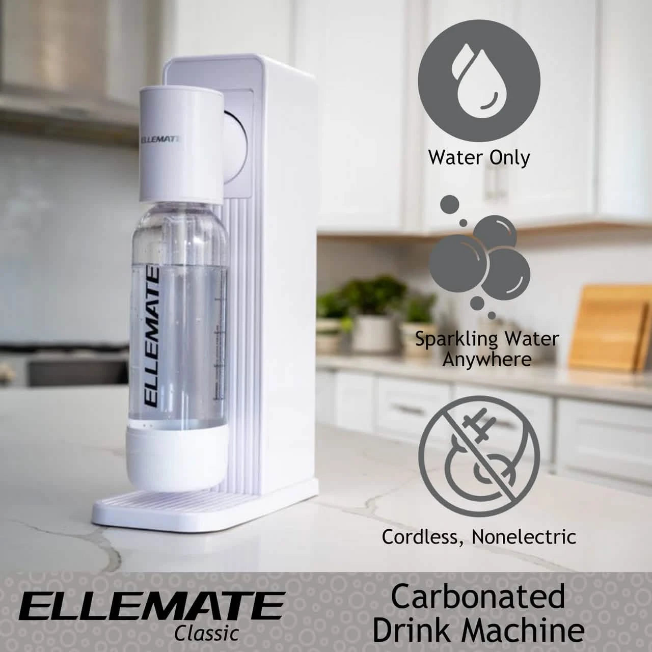 Ellemate Classic Carbonated Drink Maker, Seltzer Water with One-Push Fizz Technology, Cordless Carbonation for Bubbly Water Wine & Dining - DailySale