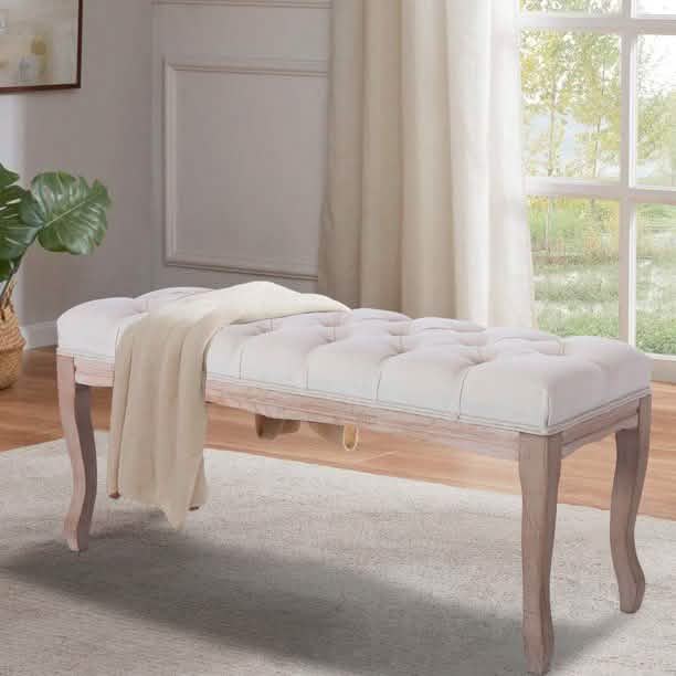 Entryway Wooden Bench, Upholstered Fabric Footstool Furniture & Decor - DailySale