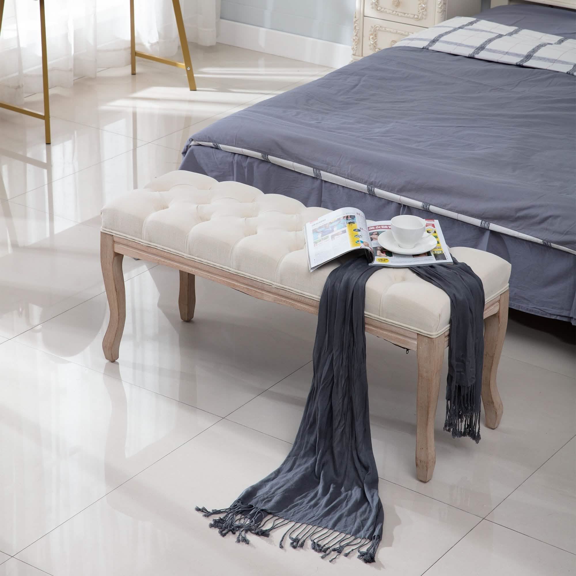 Entryway Wooden Bench, Upholstered Fabric Footstool Furniture & Decor - DailySale