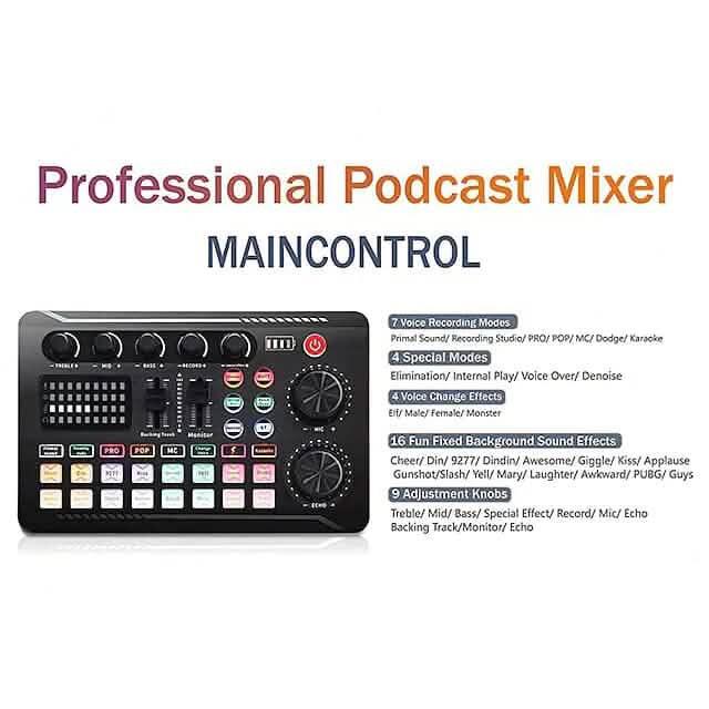 F998 Live Sound Card Audio Mixer Podcast Audio Interface with DJ Mixer Effects Audio Accessories - DailySale