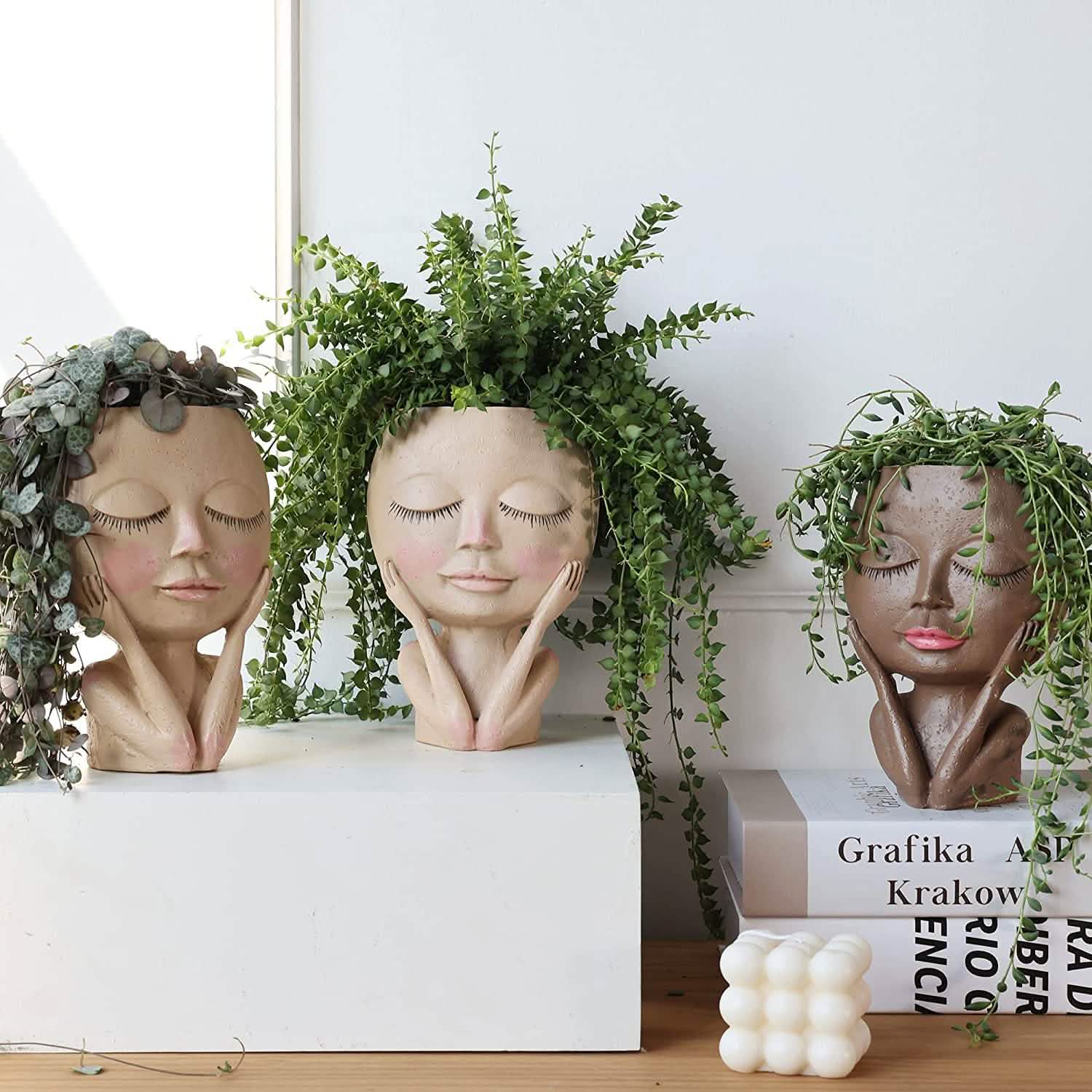 Face Flower Pot Head Planter Pot Succulent Planter Cute Closed Eyes Garden & Patio - DailySale