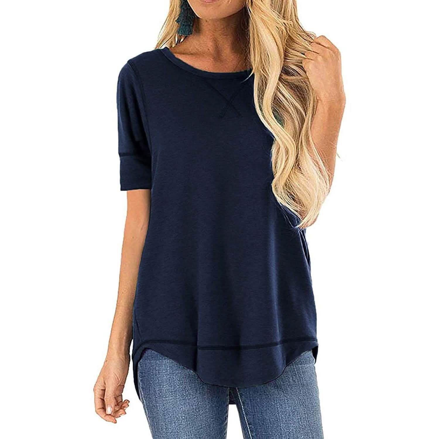 Fall Tops for Women Long Sleeve Side Split Casual Loose Tunic Top Women's Accessories Navy Blue S - DailySale
