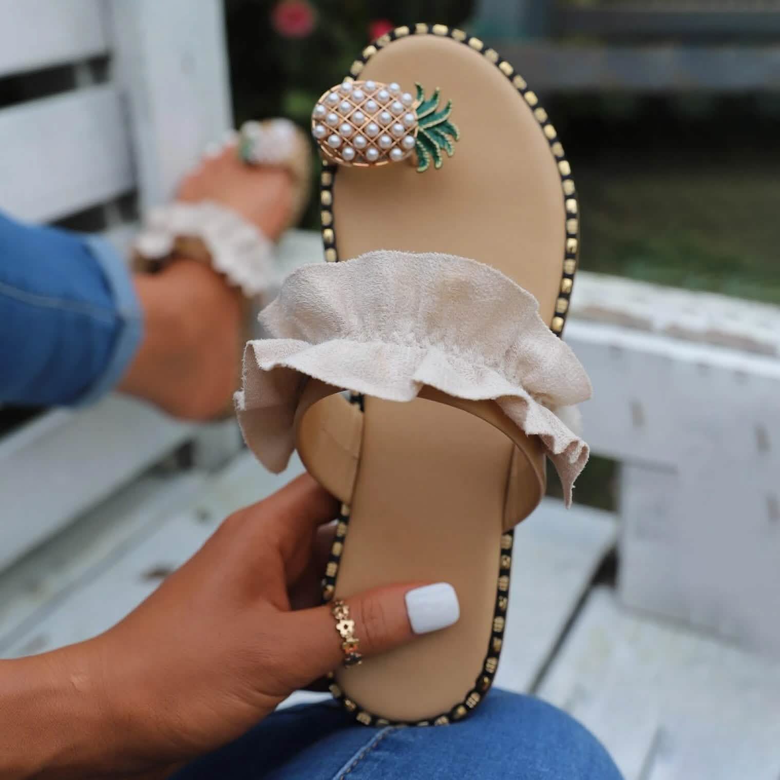 Faux Pearl & Pineapple Decor Toe Post Thong Sandals Women's Shoes & Accessories Apricot 4.5 - DailySale