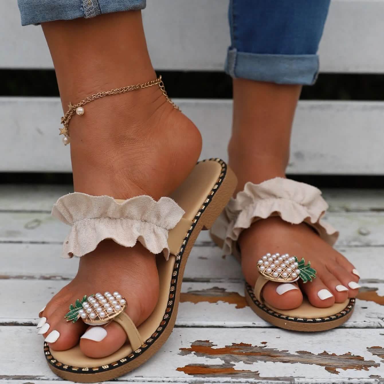 Faux Pearl & Pineapple Decor Toe Post Thong Sandals Women's Shoes & Accessories - DailySale