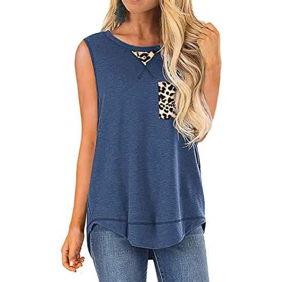 Fleur Wood Women's Summer Tank Tops Leopard Pocket Sleeveless Blouse Women's Clothing Blue S - DailySale