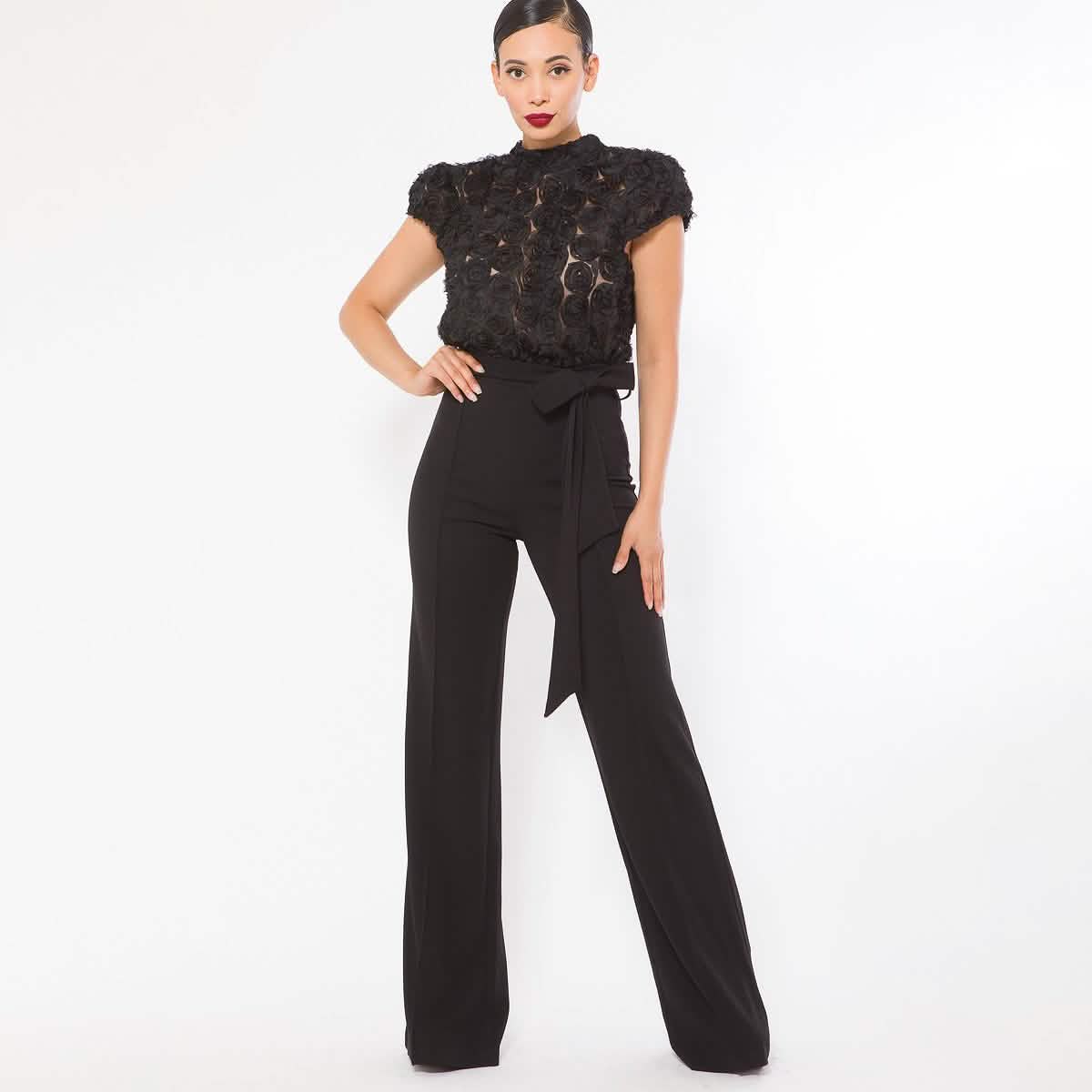 Flower Lace Top Detailed Fashion Jumpsuit Women's Tops Black S - DailySale