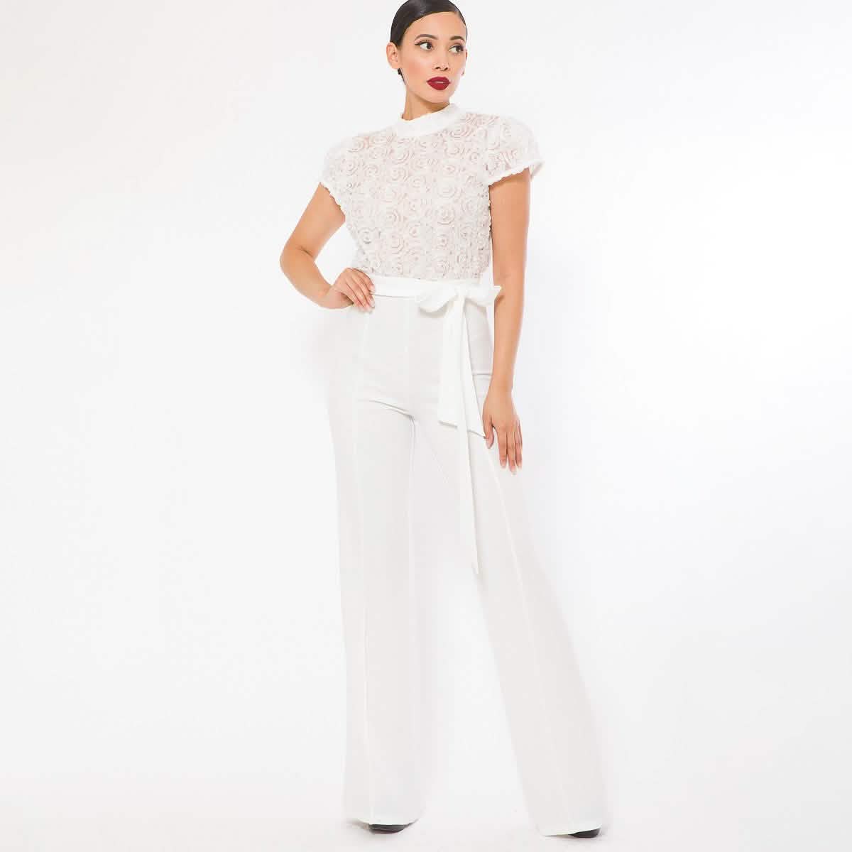 Flower Lace Top Detailed Fashion Jumpsuit Women's Tops White S - DailySale