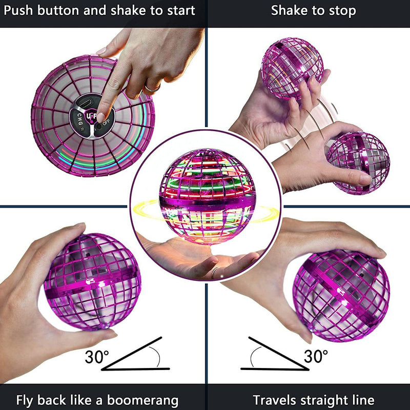 Pink Flying Orb Ball Rechargeable Boomerang Spinner UFO Drone Toy hovering over a robot hand
