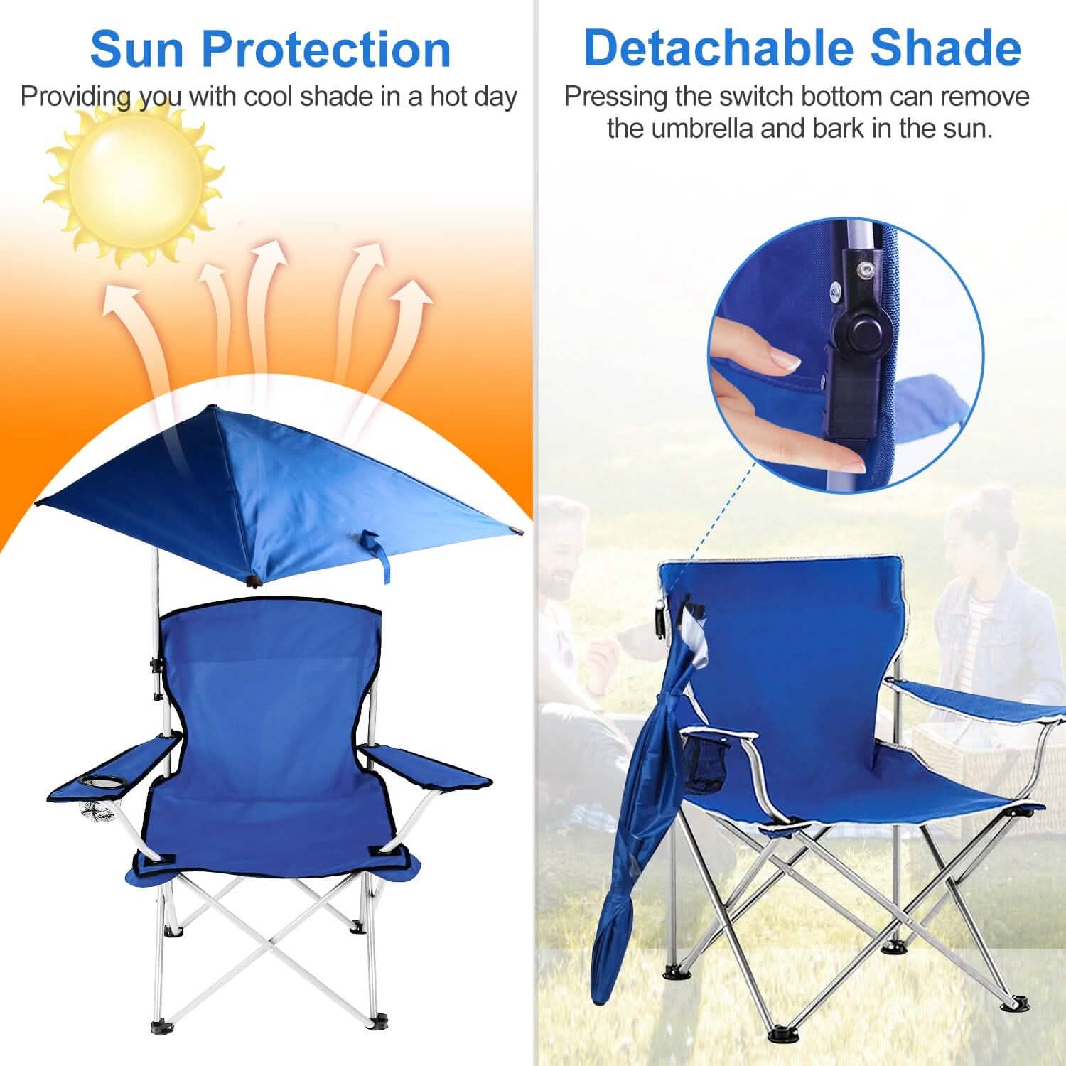 Foldable Beach Chair with Detachable Armrest Adjustable Canopy Stool with Cup Holder Sports & Outdoors - DailySale