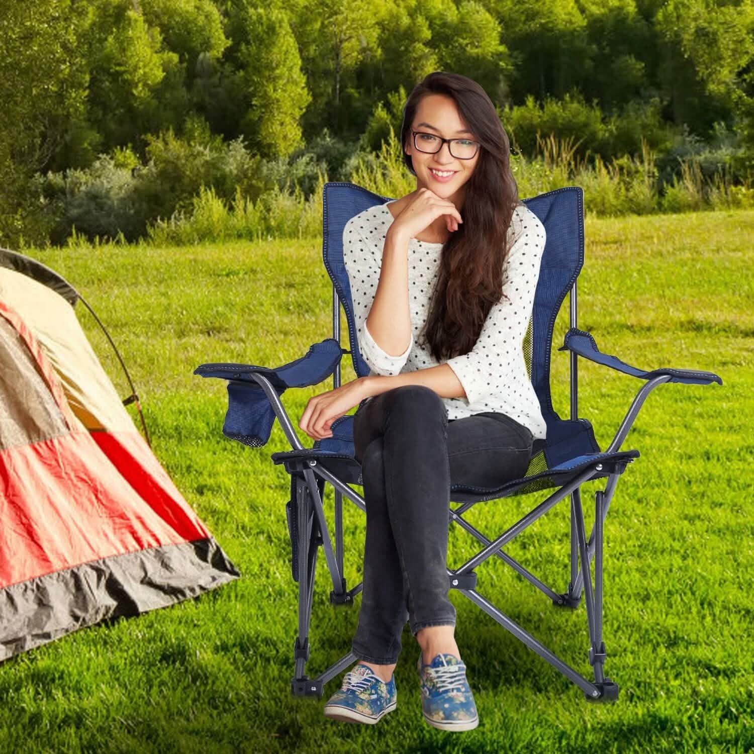Foldable Camping Chair Heavy Duty Steel Lawn Chair with Reclining Backrest Angle Sports & Outdoors - DailySale