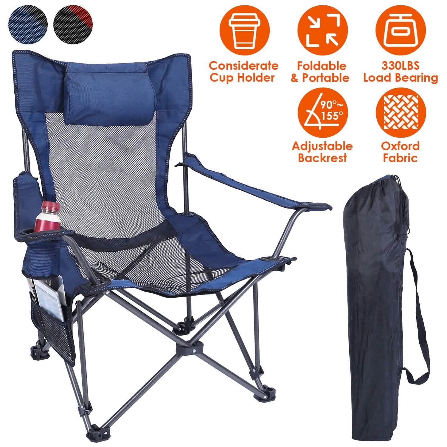 Foldable Camping Chair Heavy Duty Steel Lawn Chair with Reclining Backrest Angle Sports & Outdoors - DailySale