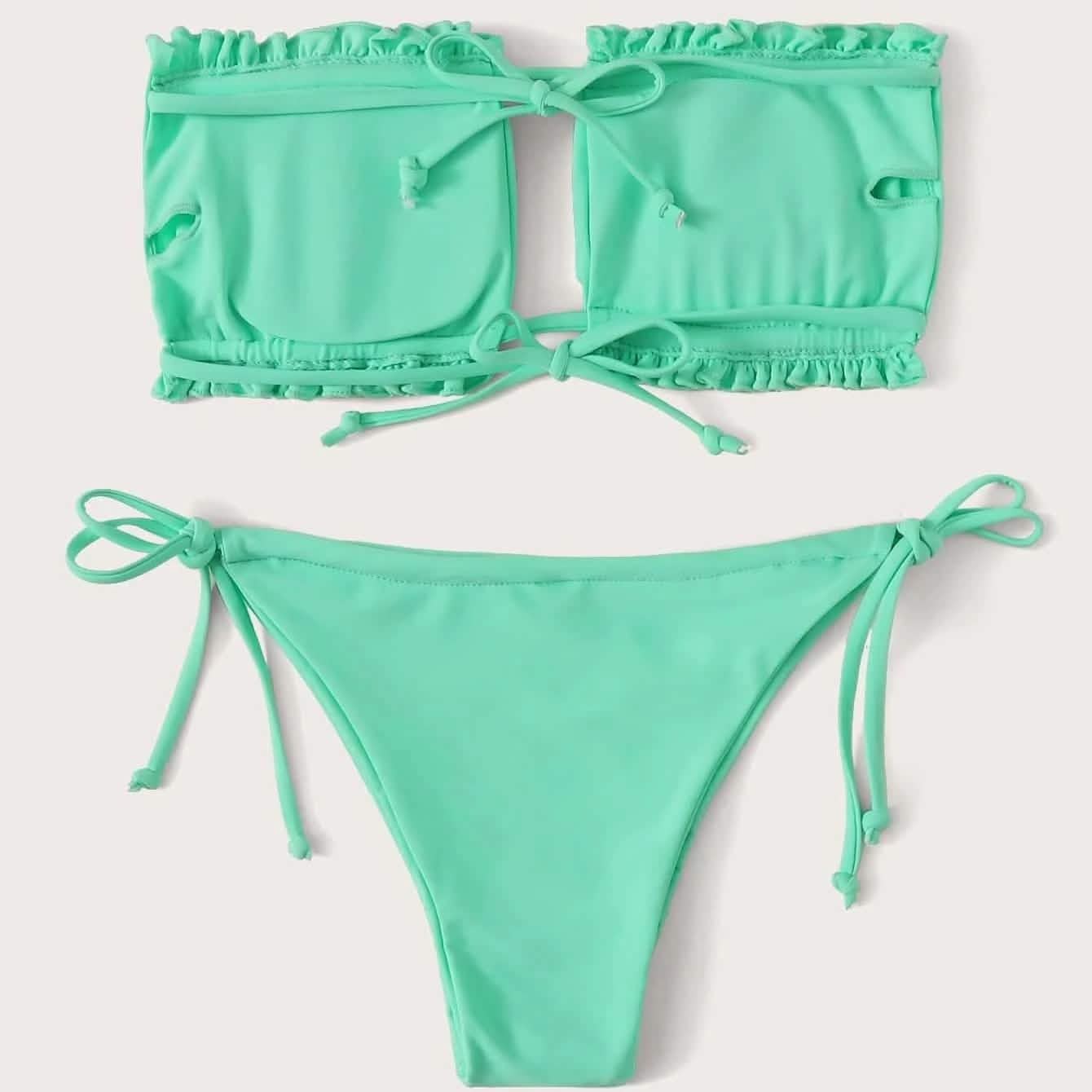 Frill Trim Bandeau Tie Side Bikini Swimsuit Women's Lingerie Mint S - DailySale