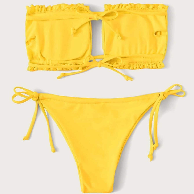 Frill Trim Bandeau Tie Side Bikini Swimsuit Women's Lingerie Yellow S - DailySale
