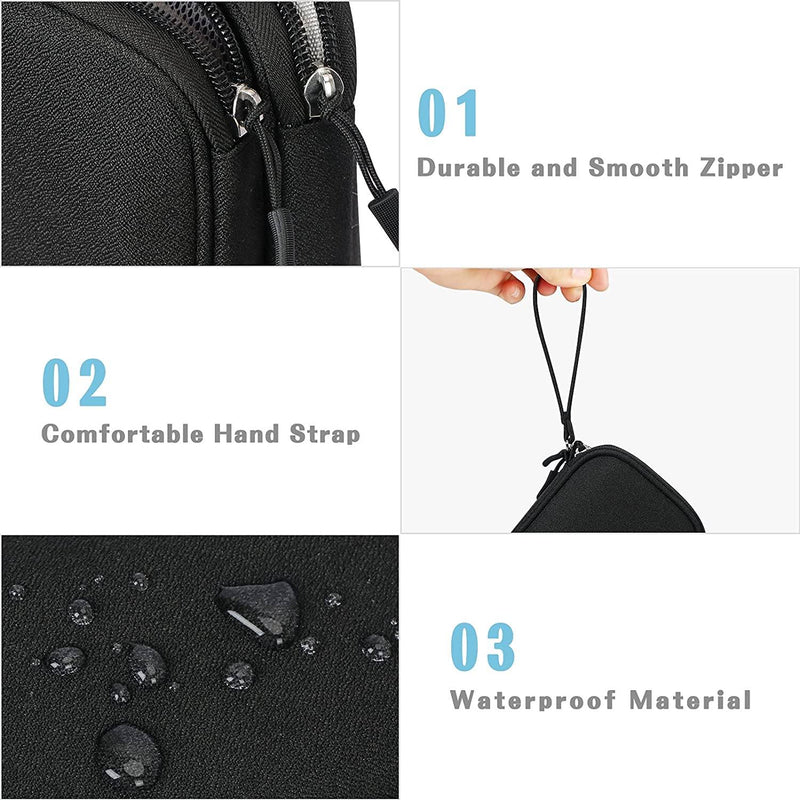 Images showcasing three features of the FYY Double Layer Electronic Organizer in black: 1) Durable and Smooth Zipper, 2) Comfortable Hand Strap, and 3) Waterproof Material