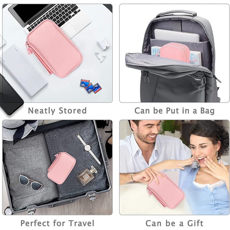 Four quadrants showing a pink FYY Double Layer Electronic Organizer over a laptop with the inscription "Neatly Stored", the organizer inside a backpack with the inscription "Can be Put in a Bag", the organizer inside a suitcase with the inscription "Perfect for Travel", and a man handing over the organizer to a woman with the inscription "Can be a Gift"