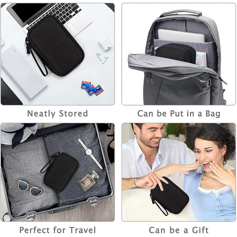 Four quadrants showing a FYY Double Layer Electronic Organizer in black over a laptop with the inscription "Neatly Stored", the organizer inside a backpack with the inscription "Can be Put in a Bag", the organizer inside a suitcase with the inscription "Perfect for Travel", and a man handing over the organizer to a woman with the inscription "Can be a Gift"