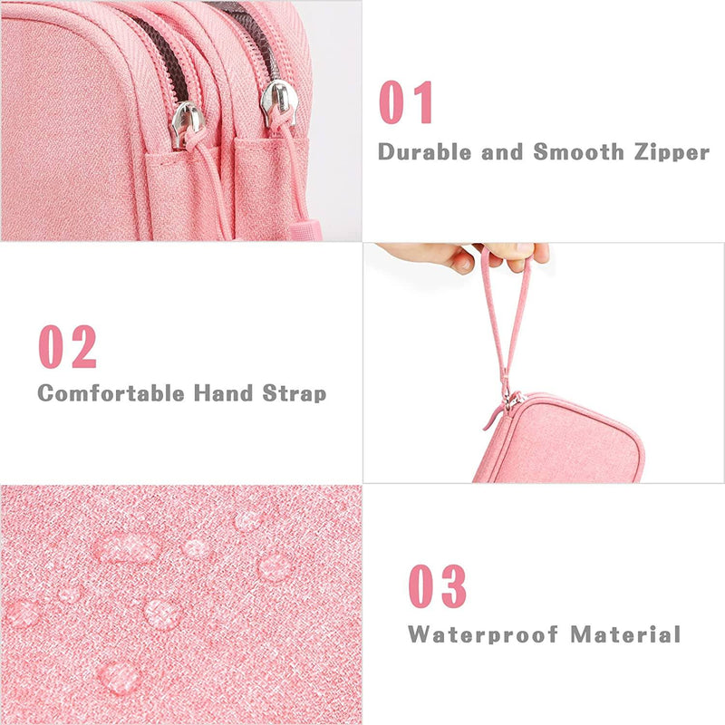Images showcasing three features of the FYY Double Layer Electronic Organizer in pink: 1) Durable and Smooth Zipper, 2) Comfortable Hand Strap, and 3) Waterproof Material