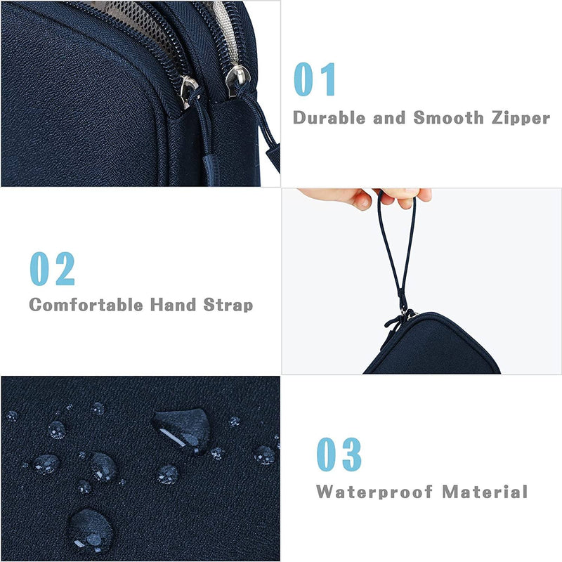Images showcasing three features of the FYY Double Layer Electronic Organizer in navy: 1) Durable and Smooth Zipper, 2) Comfortable Hand Strap, and 3) Waterproof Material