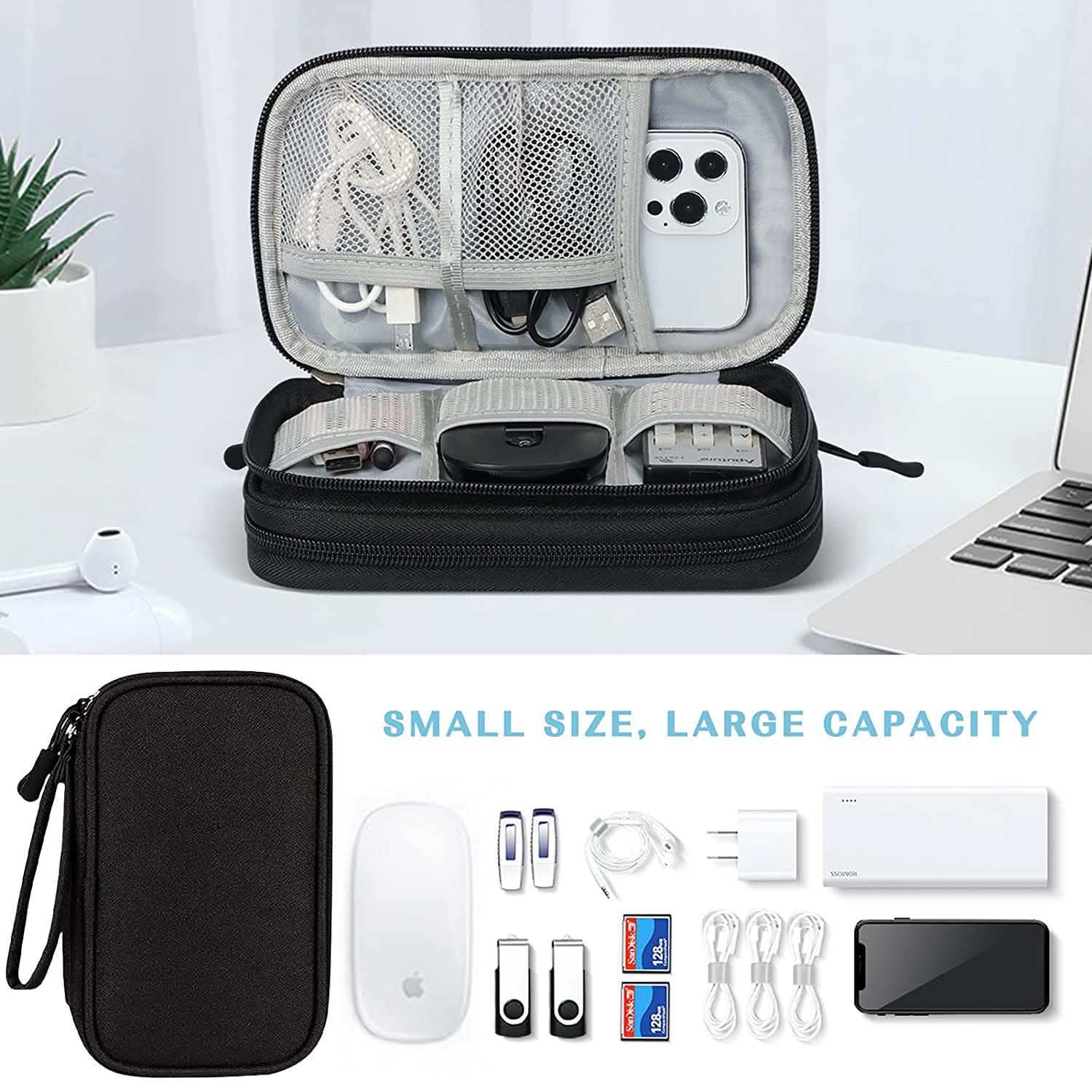Black FYY Double Layer Electronic Organizer unzipped, with an inset showing its full contents spread out over a table