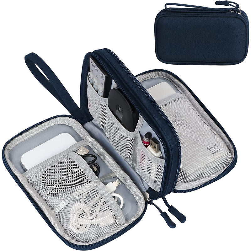 Navy FYY Double Layer Electronic Organizer fully unzipped, showing its contents