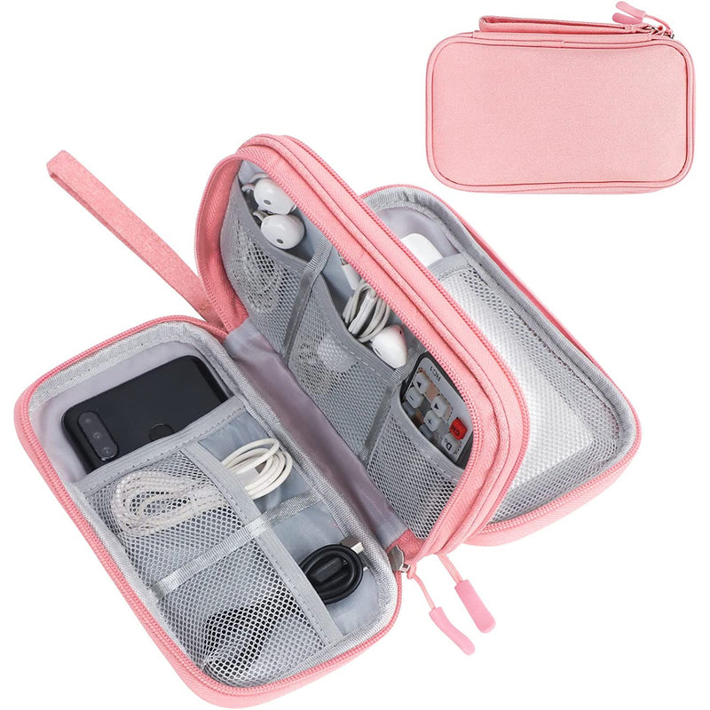 Pink FYY Double Layer Electronic Organizer fully unzipped, showing its contents