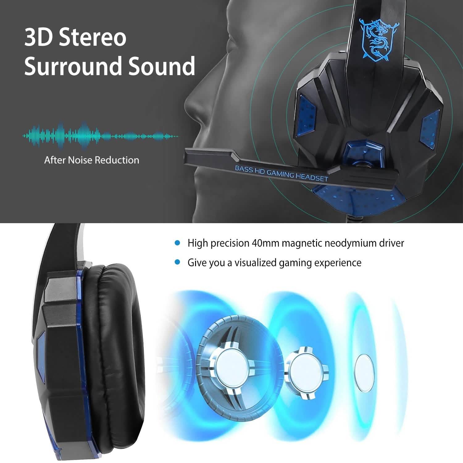 Gaming Headsets Stereo Bass Over Ear Headphones with LED Light Earmuff Headphones & Audio - DailySale