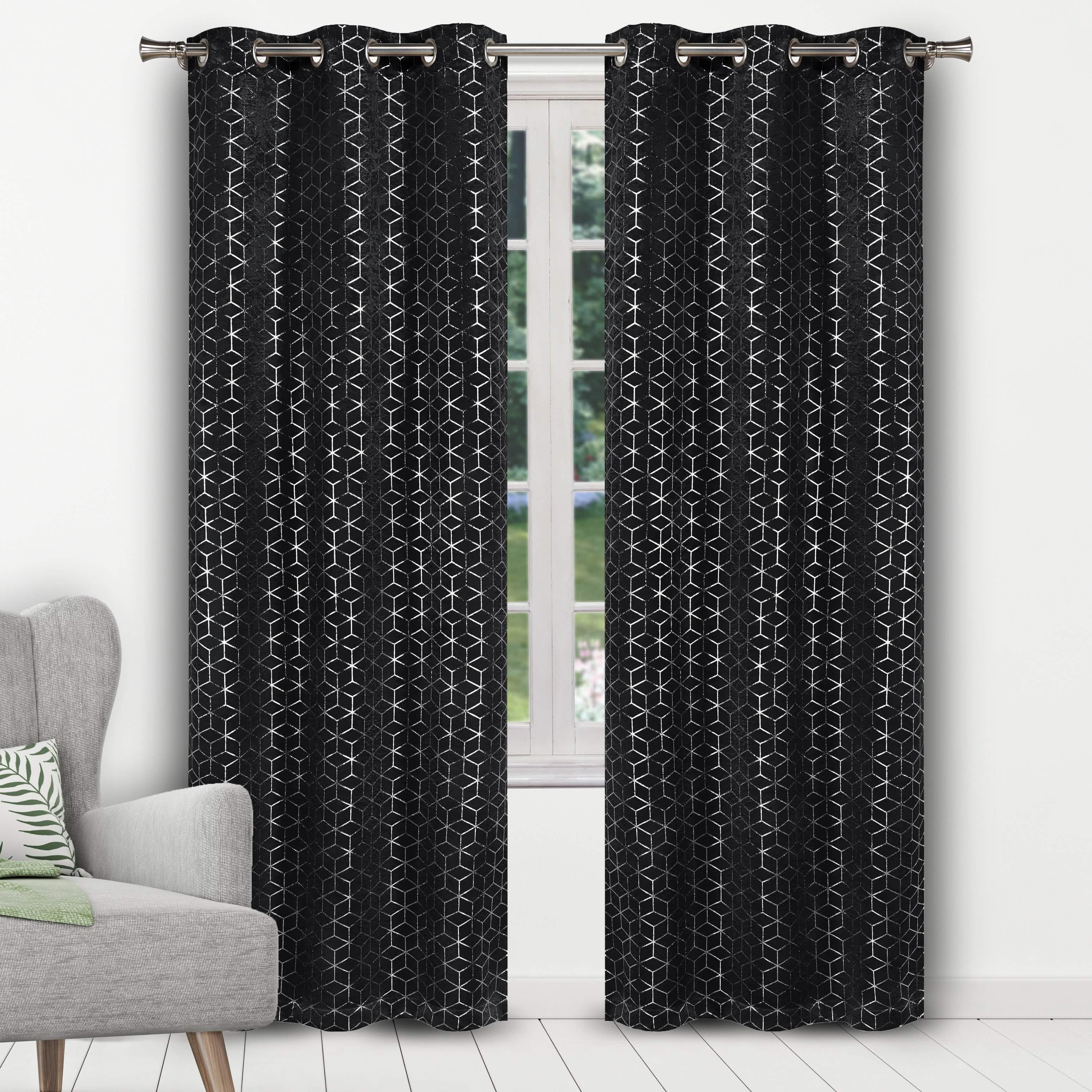 Geometric Pattern Blackout Thermal Window Curtain Pair Panel Furniture & Decor Black - DailySale