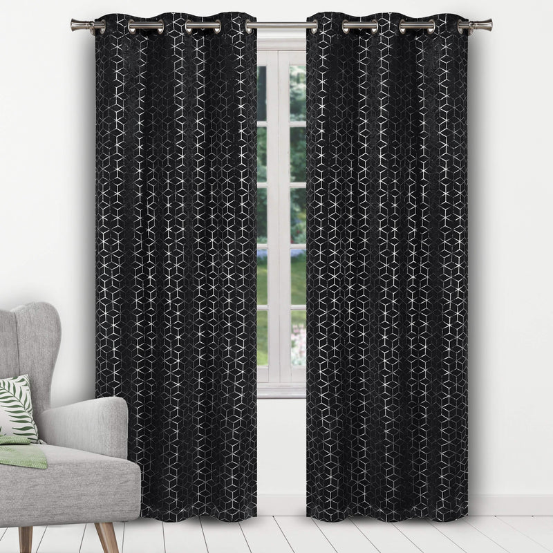 Geometric Pattern Blackout Thermal Window Curtain Pair Panel Furniture & Decor Black - DailySale