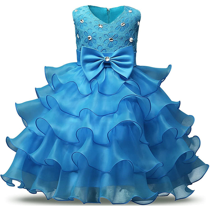 Girl Dress Kids Ruffles Lace Party Wedding Gown Kids' Clothing Light Blue 6-12 Months - DailySale