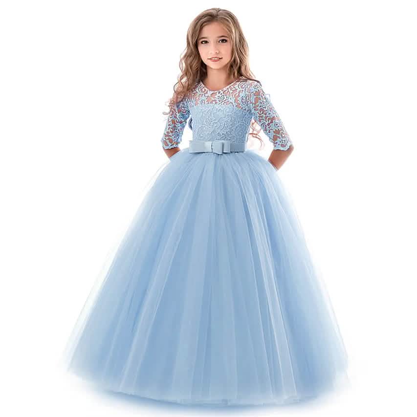 Girls' Floral Lace Solid Tulle Maxi Short Sleeve Vintage Gowns Dresses Kids' Clothing Blue 5-6 Years - DailySale