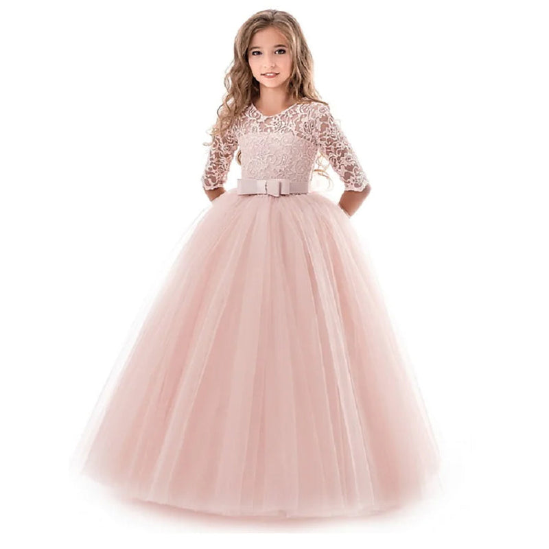 Girls' Floral Lace Solid Tulle Maxi Short Sleeve Vintage Gowns Dresses Kids' Clothing Pink 5-6 Years - DailySale