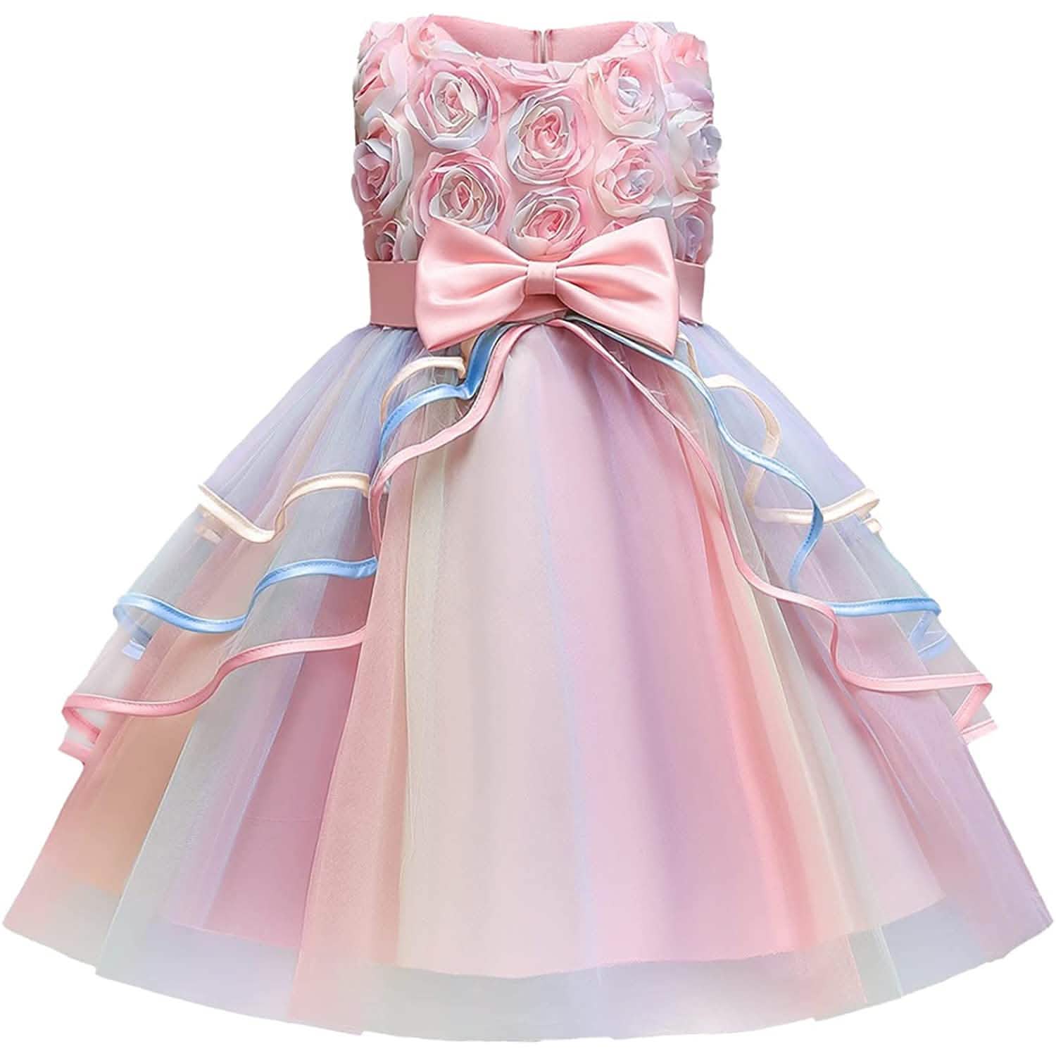 Girl's Rainbow Tulle Lace Dress Pink / 6-7 Years