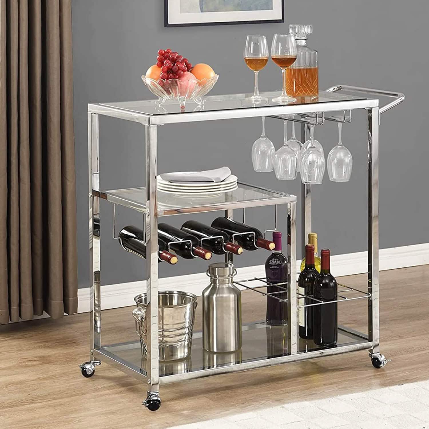 Glass Bar Cart with Wine Rack & Glass Holder Furniture & Decor - DailySale