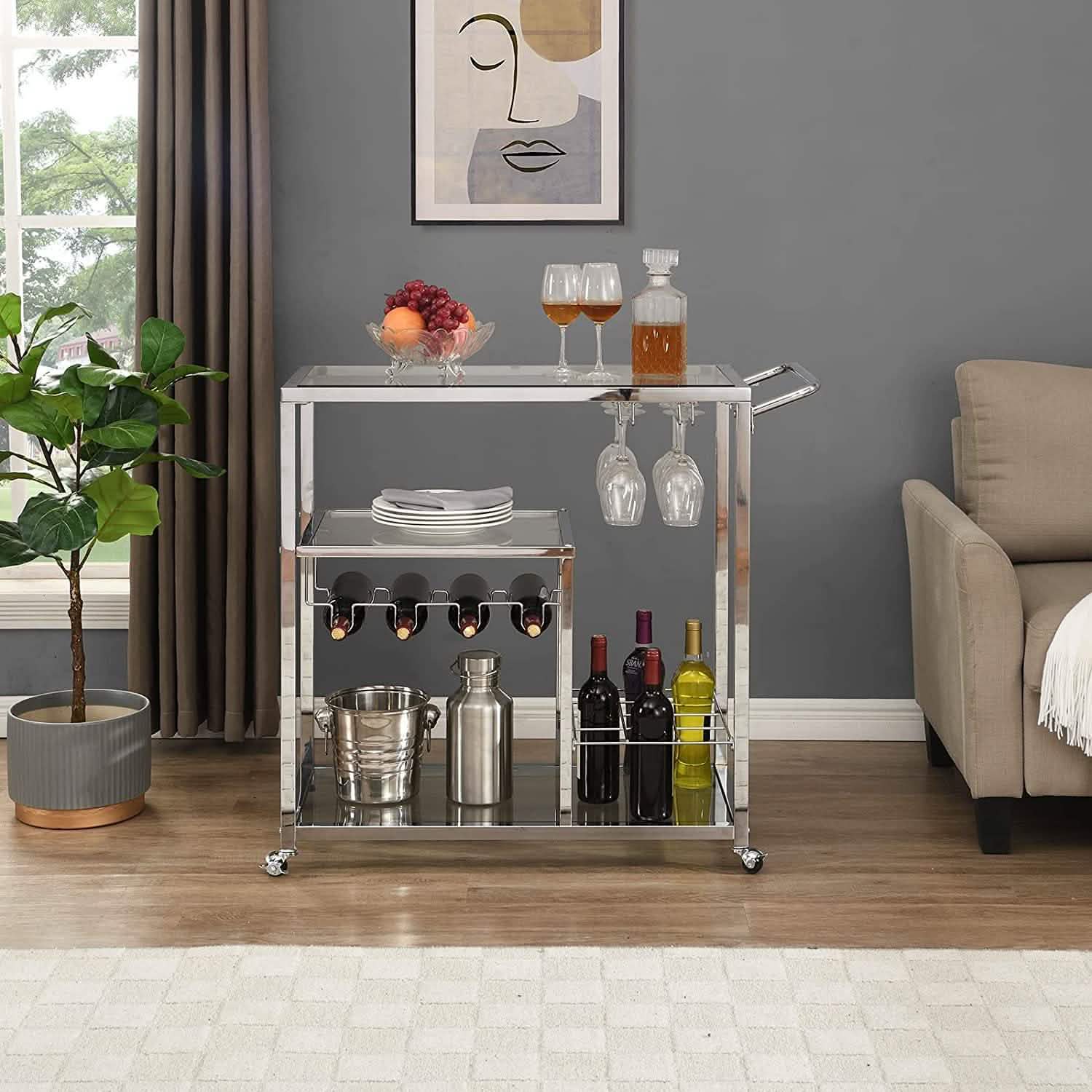 Glass Bar Cart with Wine Rack & Glass Holder Furniture & Decor - DailySale
