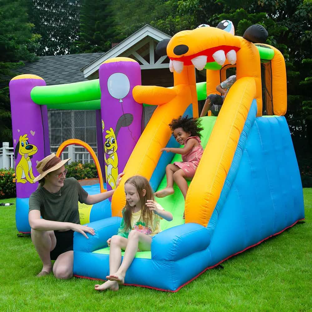 Green Dog Bouncy Castle House Slide and Jump 450W Blower Toys & Games - DailySale