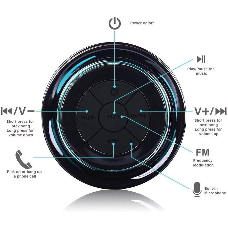 Key features of HAISSKY Portable Wireless Waterproof Speaker with FM Radio shown with Suction Cup