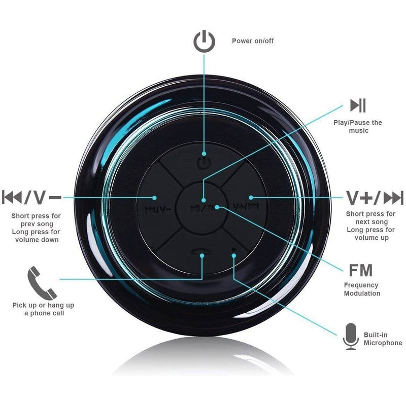 Key features of HAISSKY Portable Wireless Waterproof Speaker with FM Radio shown with Suction Cup