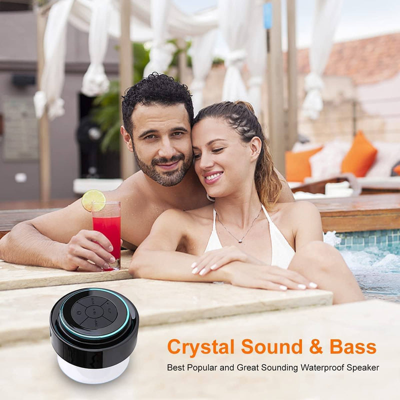 Couple sitting in hottub listening to music from a HAISSKY Portable Wireless Waterproof Speaker with FM Radio
